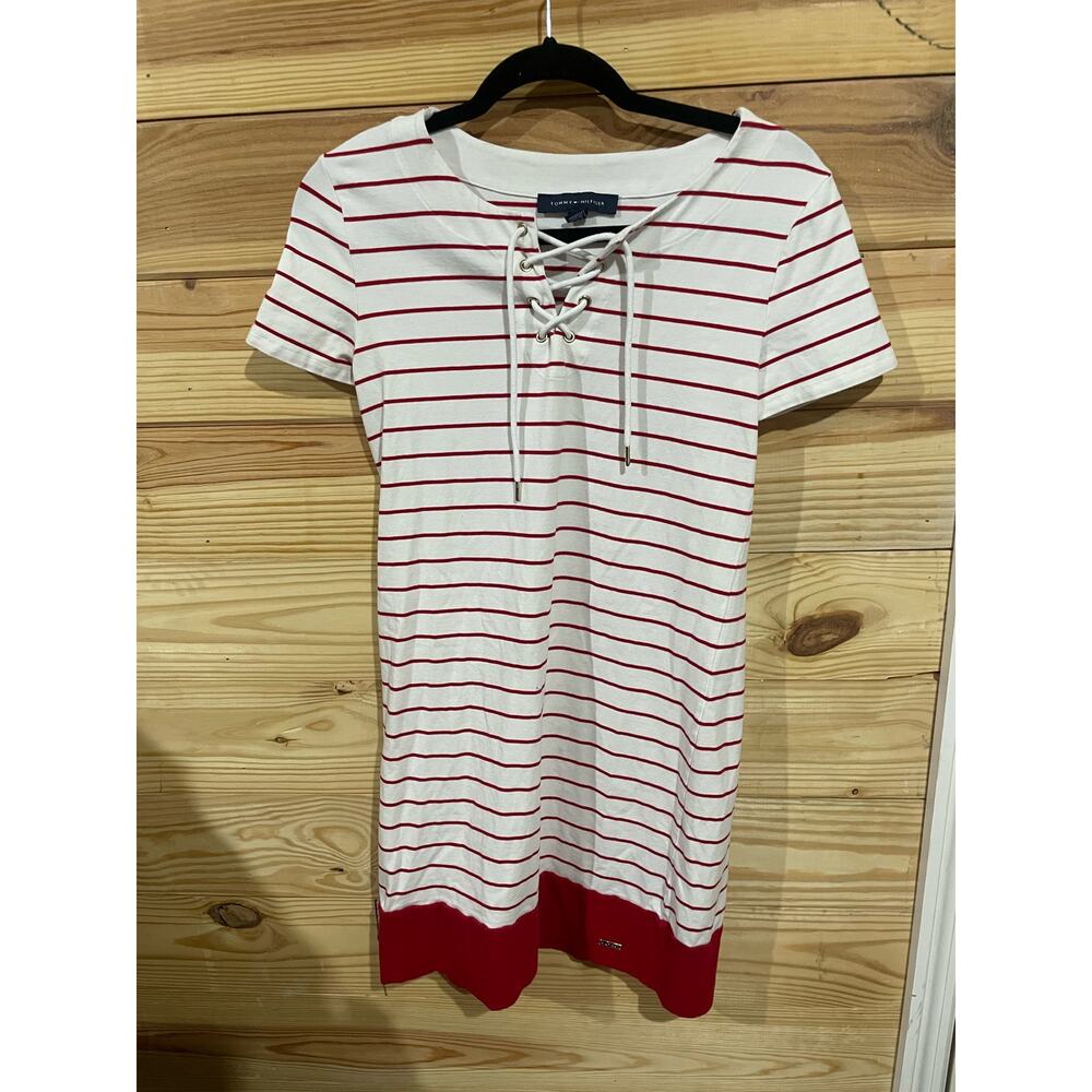 Tommy Hilfiger Red White Stripe Lace-Up T-Shirt Dress Coastal Nautical, Small - Picture 7 of 8